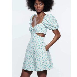 Zara Summer Mini Dress Skater Cut Out Floral Puff Sleeve Mini Dress XL